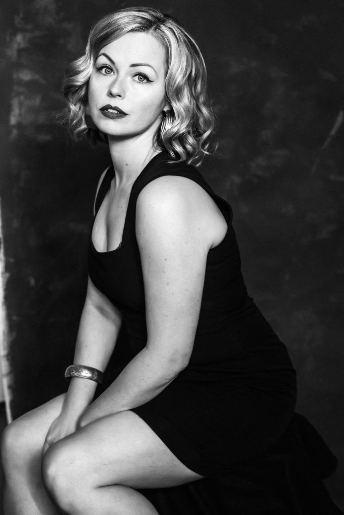 black and white photo of blond woman