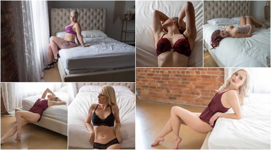 Boudoir photography studio with a bed with headboard.
