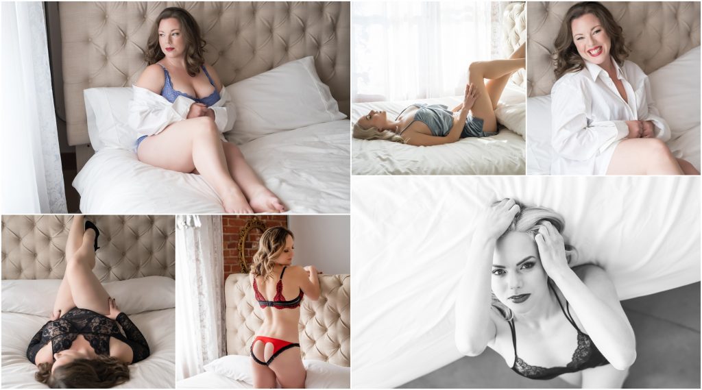 Boudoir posing examples on a bed with headboard.